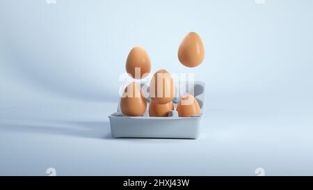 Fall into the box with six whole brown eggs on light blue background. Fresh organic chicken eggs in egg container. Stock Photo