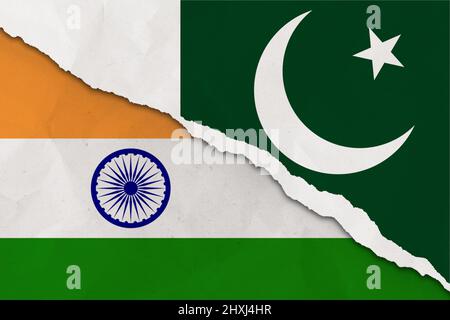 India and Pakistan flag ripped paper grunge background Stock Photo