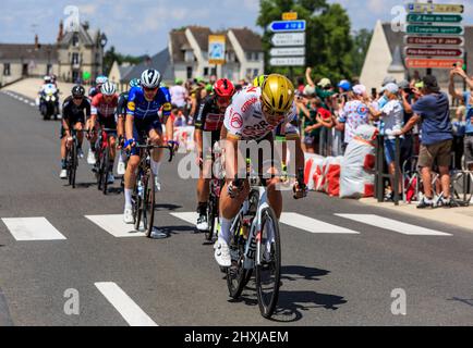 Amboise, France - July 1,2021: The breakaway riding on a road in Amboise during the Tour de France 2021. Stock Photo