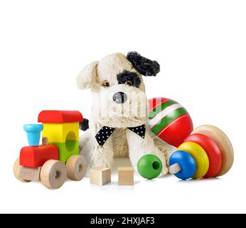 Many colorful children's toys collection on a white background Stock Photo