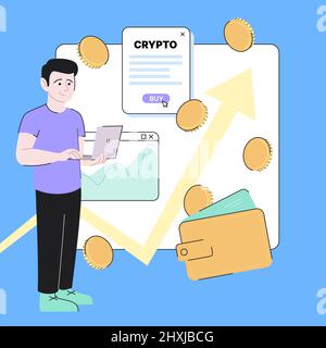 Graphic Cryptocurrency Illustration. Colorful Design, Coins, Wallet, Man with Computer. Vector illustration Stock Vector