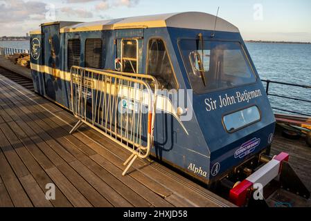 Old Southend Pier train as new electric trains planned to come into service. Sir John Betjeman power car loco end, minus decommissioned carriages Stock Photo