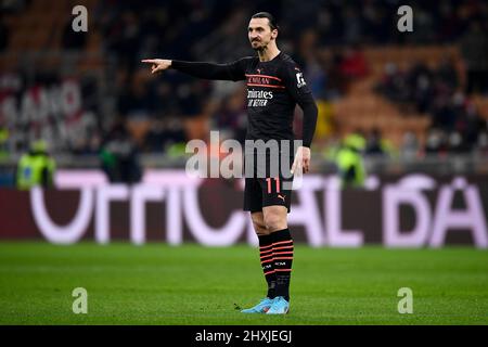 Milan, Italy. 12 March 2022. Zlatan Ibrahimovic of AC Milan gestures during the Serie A football match between AC Milan and Empoli FC. Credit: Nicolò Campo/Alamy Live News Stock Photo