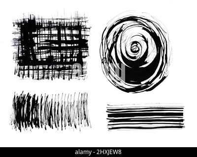 Black ink splashes on white background. Elements for design. Hand drawn set. Stock Photo