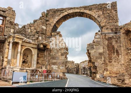 The historic Vespasian Gate from the Roman era in Side, Turkey. Stock Photo