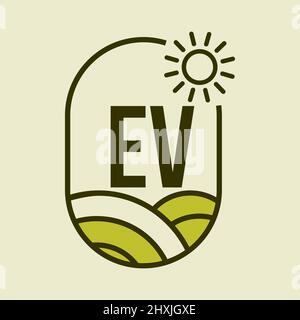 Agriculture Logo On Letter EV Emblem Template. Letter EV Agro Farm, Agribusiness, Eco-farm Sign Stock Vector