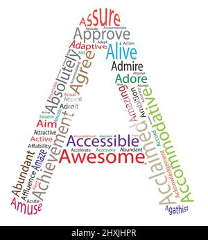 Word Cloud of Letter A. Positive Words for Nursery Students, Wallpaper, Posters, Backgrounds, Book Covers Stock Vector