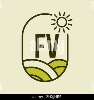 Agriculture Logo On Letter FV Emblem Template. Letter FV Agro Farm, Agribusiness, Eco-farm Sign Stock Vector