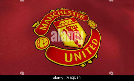 Abstract emblem of the Manchester United professional football club, London. Motion. Concept of sport. For editorial use only. Stock Photo