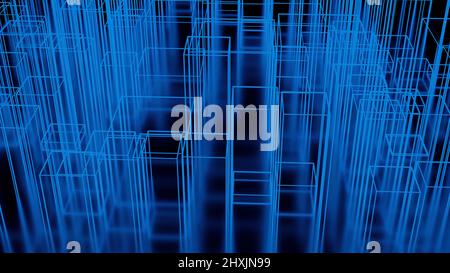 Abstract pattern of neon stripes growing and forming pillars on a black background. Design. Futuristic geometric animation with rectangular shaped Stock Photo