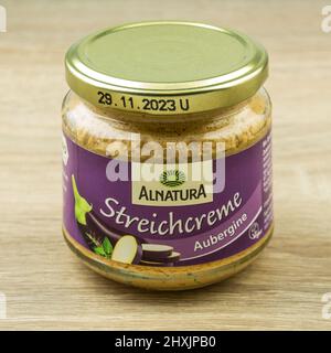 Hamburg, Germany - Febuary 22  2022: Alnatura Streichcreme Aubergine Brotaufstrich im Glas im Glas - Alnatura Aubergine spread in a jar Stock Photo