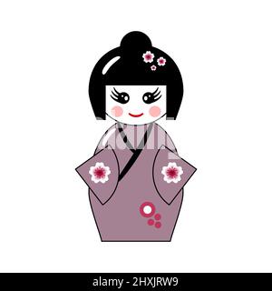 Cute kokeshi doll. Japanese traditional toy. Kawaii style girl in kimono. Cartoon style woman character. Kokeshi in lilac clothing with sakura flower. Stock Vector