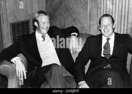 Kerry Packer, Australian media tycoon, the man behind the controversial World Series Cricket, pictured with Tony Greig, Sussex and England Cricket Player, at the Dorchester Hotel, London, Tuesday 2nd August 1977.