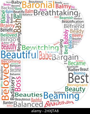 Word Cloud of Letter B. Positive Words for Nursery Students, Wallpaper, Posters, Backgrounds, Book Covers Stock Vector