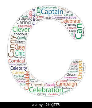 Word Cloud of Letter C. Positive Words for Nursery Students, Wallpaper, Posters, Backgrounds, Book Covers Stock Vector