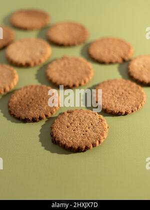 Graham crackers or Maria galetas made from almond flour. Adapting a traditional recipe to the keto diet. Maria Cookies are rich tea biscuit. Stock Photo