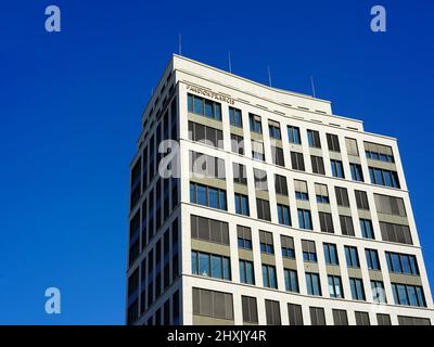 Pandion Francis is a modern office building with a natural stone facade in downtown Düsseldorf, Germany. It was completed in 2021 and has 14 floors. Stock Photo