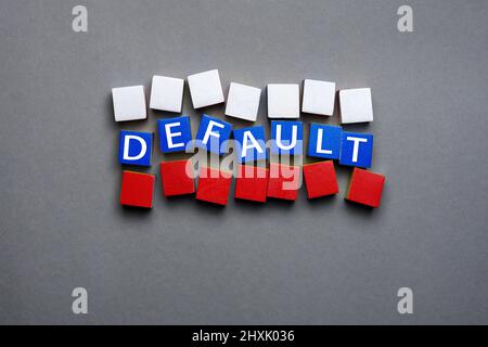 Cubes default text isolated flag Russia concept. Disintegration block letters wood word default in Russian flag cubes. Wooden cubes with text concept Stock Photo