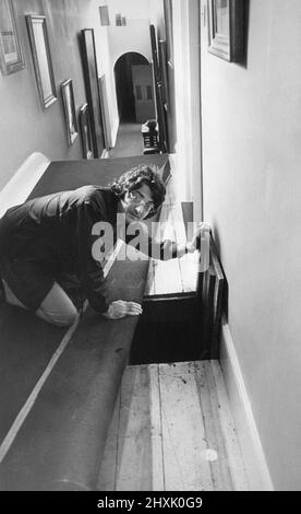 Lord Londonderry, 9th Marquess of Londonderry pictured at Wynyard Hall Estate, County Durham, 28th July 1977. Our Picture Shows ... Lord Londonderry looking at the uncovered passage under carpet found in Wynyard Hall last night. Stock Photo