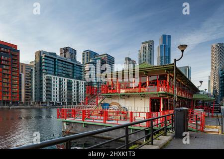 Chinese restaurant on water, Isle of Dogs, London, England. Stock Photo