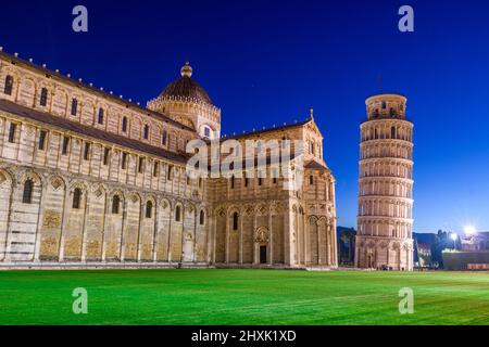 Leaning Tower of Pisa in Italy in the Square of Miracles at twilight. Stock Photo