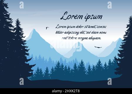 Flat design illustration of landscape with forest, mountains and flying birds. Blue sky with clouds and text - vector suitable for advertising or bann Stock Vector