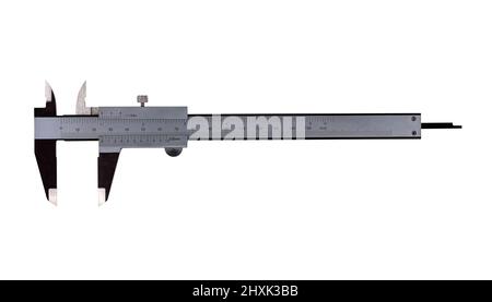 Analog calipers on a white background. Measuring tool, precision tool for measuring internal and external dimensions, diameter, depth, heel. Stock Photo