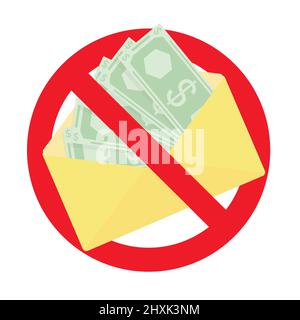 No bribe and wage in envelope icon, ban cash. Vector bribe payment, no cash pay, ban corruption and bribery, money in envelope, currency dollar crime Stock Vector