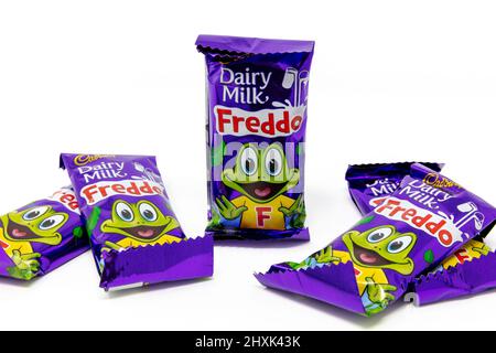 Cadbury Dairy Milk Freddo bar of chocolate out of wrapper isolated on ...