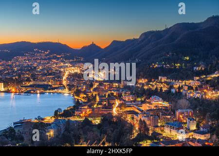 Como, Italy cityscape from above at dawn. Stock Photo