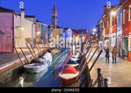 Burano, Venice, Italy colorful buildings along canals at twilight. Stock Photo