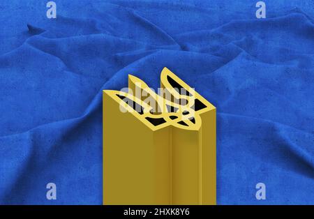 3D rendering illustration of the Coat of Arms of Ukraine with blue flag background Stock Photo