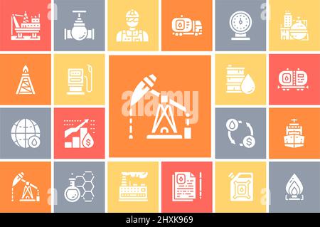Oil industry icons set. Fuel Truck, Engineer, Gasoline, Cargo Ship vector illustration for advertisement, header banner, website. Stock Vector