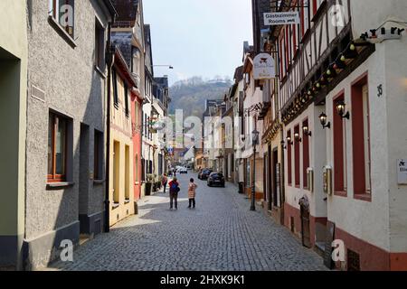 quaint timber-framed houses of town of Bacharach on Rhein or Rhine in Germany ( Upper Middle Rhine Valley at Bacharach in Rhineland-Palatinate) Stock Photo