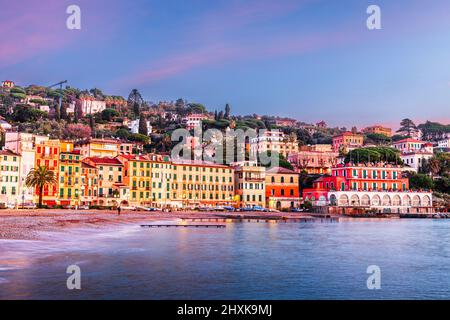 The coast of Santa Margherita Ligure, Italy at dawn. Stock Photo