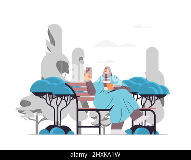 arab woman drinking coffee and using smartphone in urban park girl sitting on wooden bench landscape background Stock Vector
