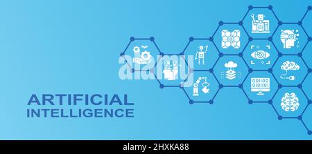 Artificial Intelligence promotion icons banner. Robotics, Chatbot, Database, Big Data illustration. Web banner layout template. Stock Vector