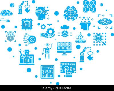 Artificial Intelligence colored icons set in a heart shape. Robotics, Chatbot, Database, Big Data banner icons isolated on white background. Stock Vector