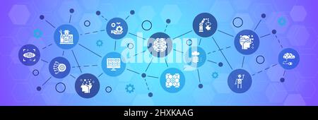 Artificial Intelligence infographic icons banner. Robotics, Chatbot, Database, Big Data modern vector illustration for advertisement, header banner. Stock Vector