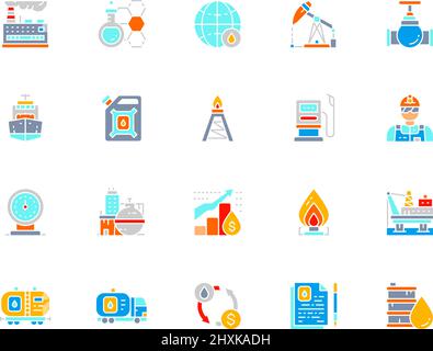 Set of Oil and Petrol Industry white line icon. Fuel Truck, Petroleum Wagon, Pumping Station, Gasoline, Cargo Ship and more. Stock Vector