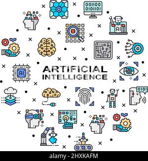 Artificial Intelligence circle promotion icon banner. Robotics, Chatbot, Database, Big Data design element with linear icon illustrations Stock Vector