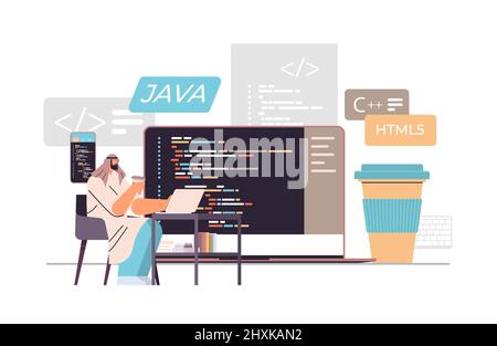 arab web developer creating program code on laptop screen development of software and programming concept Stock Vector