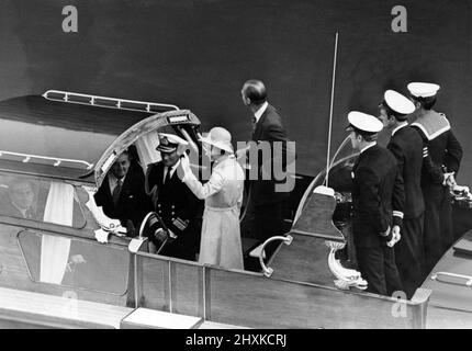 Queen Elizabeth II and Prince Philip pictured leaving Barry docks on the Royal barge, during their silver jubilee tour. 23rd June 1977. Stock Photo