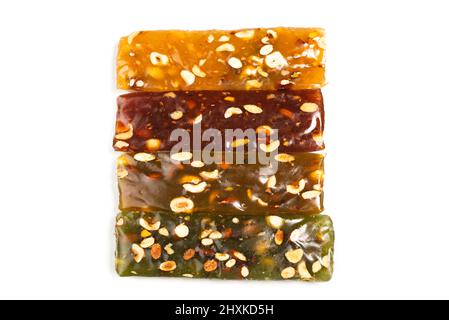 Turkish traditional delight with nuts isolated on a white background. Stock Photo