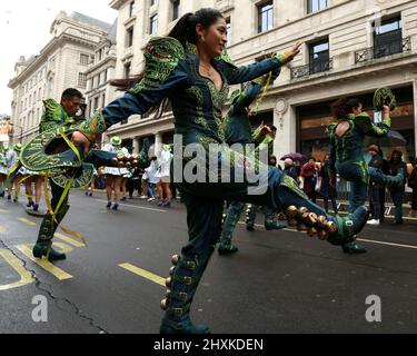 London, UK. 13th Mar, 2022. St Patrick's Day celebrations take place in London all day on Sunday 13th March, with a parade travelling through from Hyde Park to the main festival area in Trafalgar Square. 2022. Anna Hatfield/ Credit: Pathos Images/Alamy Live News Stock Photo
