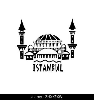 Vector hand drawn symbol of Istanbul. Travel illustration of Republic of Turkey. Hand drawn lettering illustration. Turkish landmark logo Stock Vector