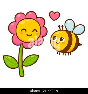 Cute cartoon bee and flower in love. Kawaii drawing, adorable Valentines day greeting card. Isolated vector clip art illustration. Stock Vector