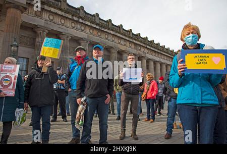 The Mound, Edinburgh, Scotland, UK. 13th March 2022. Protest and solidarity for Ukraine against the invasion from Russian miltary which began on 24th February 2022. Credit Archwhite/alamy live news Stock Photo