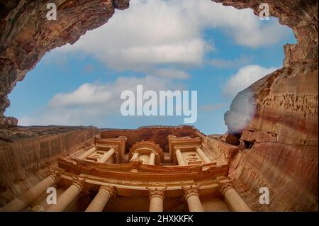 Photo taken from in front of the temple in Petra Jordan with fish eye lens Stock Photo