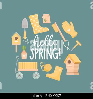 Hello spring, spring set, flat design, vector Stock Vector